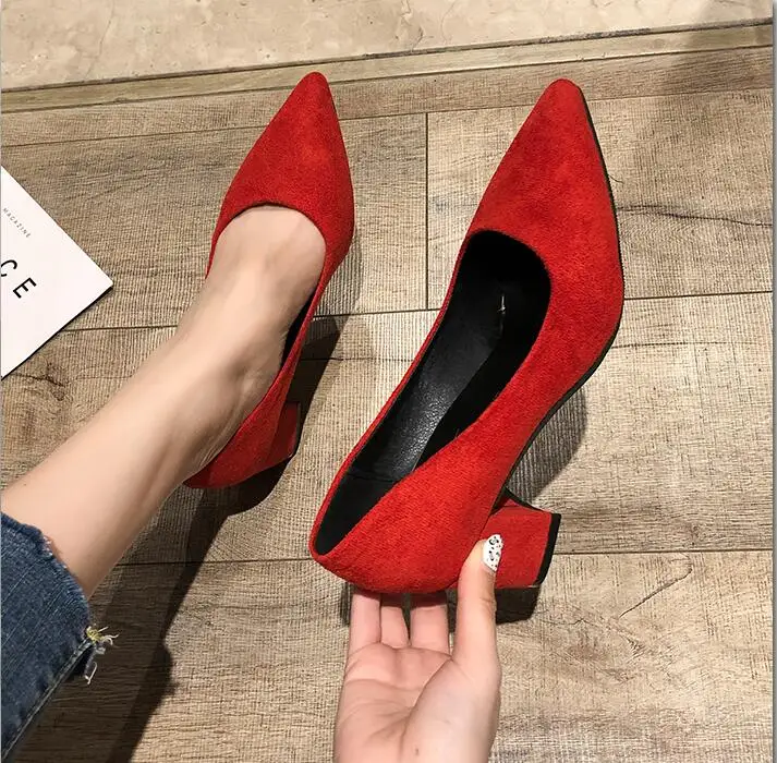 

Pumps 2019 Pointed High-heeled Shoes with Heel with A Shallow Mouth Female Red Bride Shoes Black Wild Suede Shoes