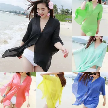

Fashion Casual Solid Bikini Cover Up Sexy Summer Chiffon Beach Solid Women Swimwear Cardigan Dress Clothes For Girls