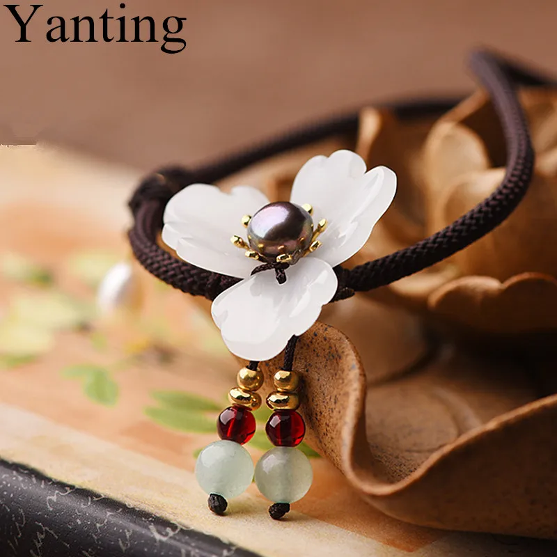 

Yanting Delicate Flower Choker Necklace Ethnic Chinese Style Aventurine Garnet Beads Simple Short Necklaces Women Gift 085