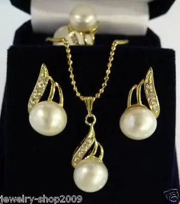

hot sell new - Jewelry white pearl pendant ring earring set AAA style 100% Natural jade Noble Fine jewe