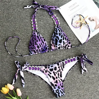 Leopard Crystal Diamond Bikini 2020 Women Bandeau Swimsuit Female Brazilian Swimwear Two-pieces Bikini set Halter Bathing Suit halter two tone bikini set