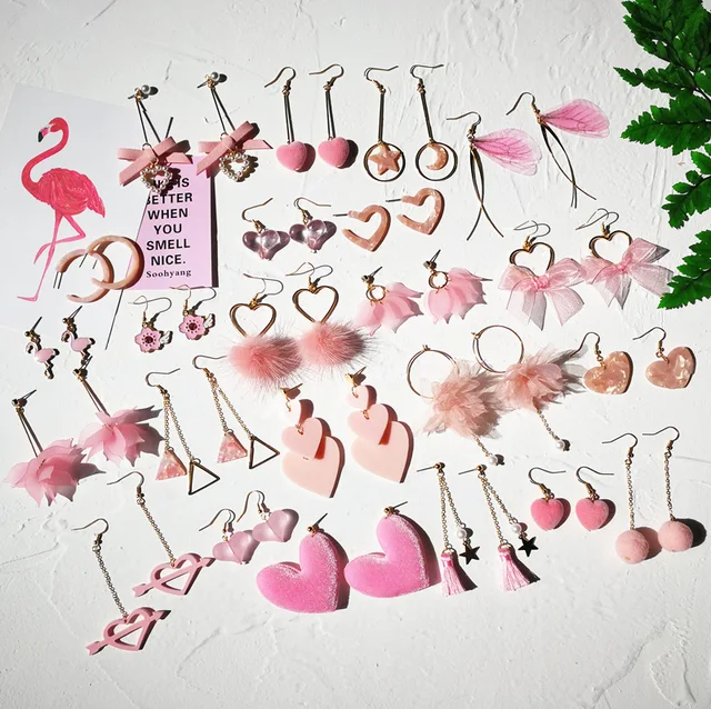 Серьги-гвоздики с кисточками и розовым бантом в виде сердца для девочек Harajuku, оптовая продажа