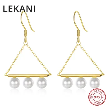 

LEKANI Triangle Drop Earrings For Women New Fashion Pearls Jewelry Gold Plated S925 Silver Hanging Made With Swarovski Elements
