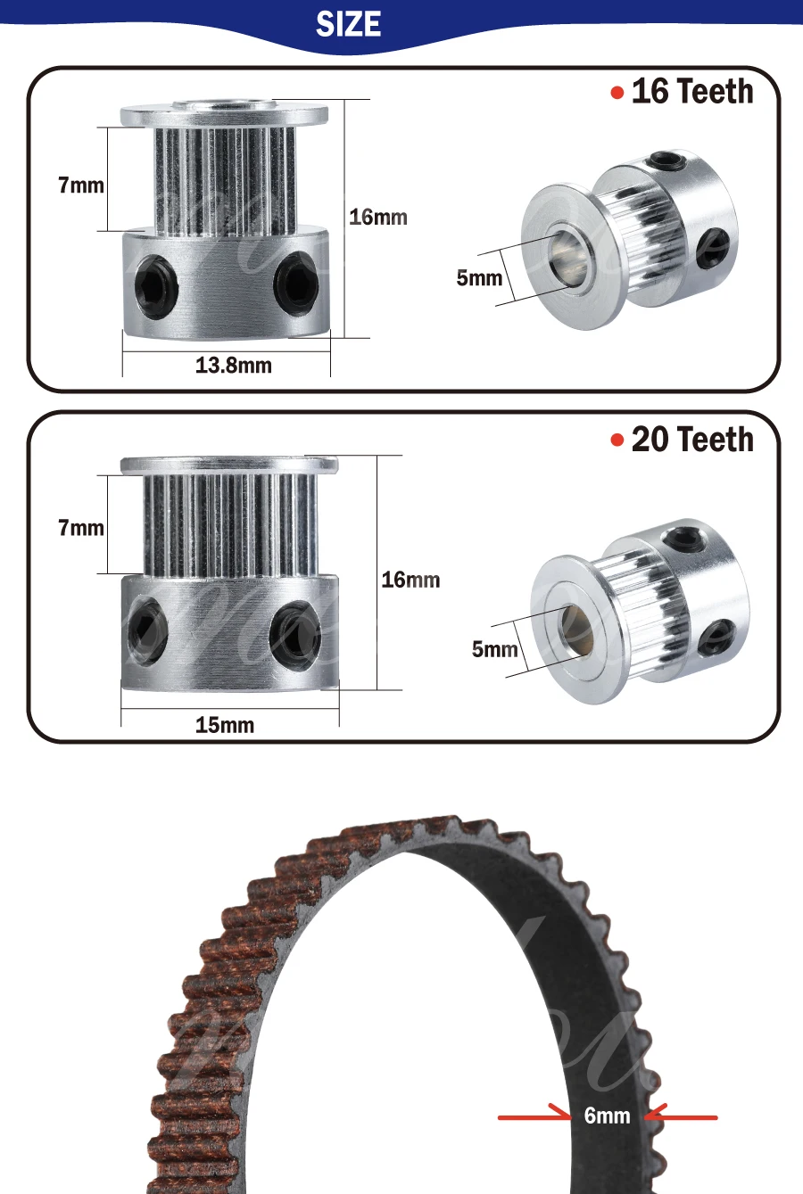 Acessórios da Impressora 5mm e 5m 20 Dentes Gt2 Sincronismo Polia Síncrono Roda Furo Gates-ll-2gt Gt2-6mm Correia Dentada 3d 5 Pçs 16 - 3 Cheap Peças e acessórios em 3D