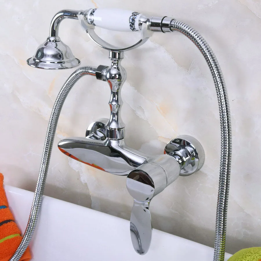

Modern Wall Mount Polished Chrome Brass Bathroom Clawfoot Hand Shower Faucet Mixer Tap Set Telephone Shape Hand Spray ana180