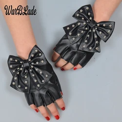 WarBLade Fashion Fingerless Gloves Women's PU Leather Gloves Ladies Luvas Dancing Party Show Big Bow Rivet Half finger Mittens