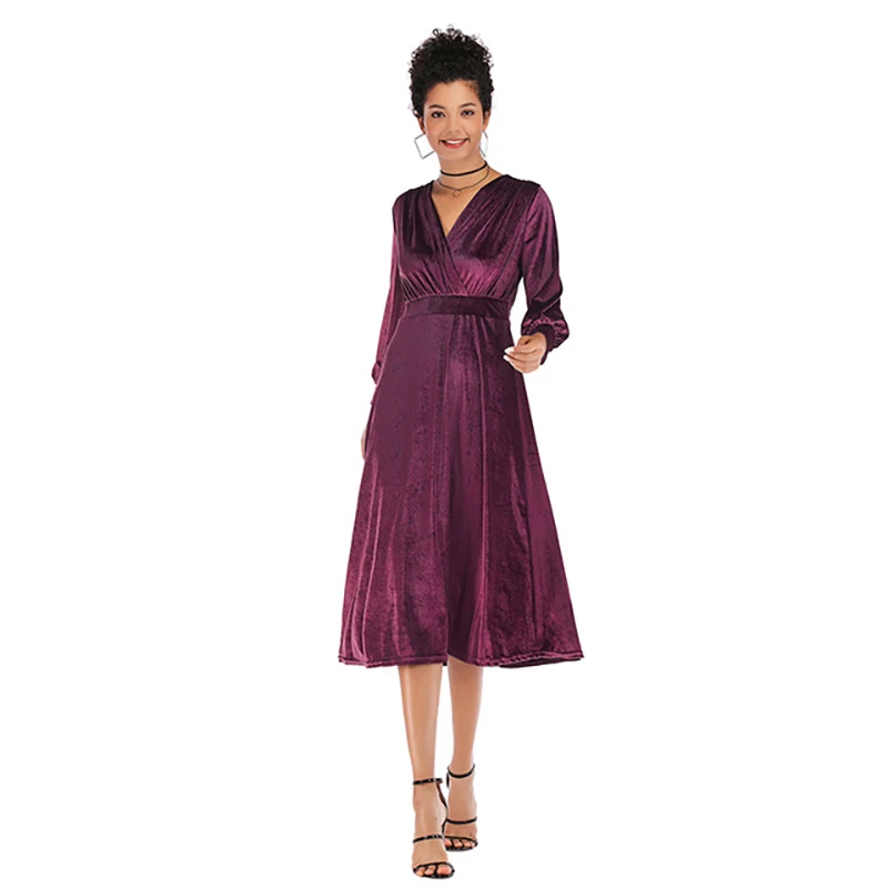 

New Sexy Dress Women Solid Color Stitching Dress Female Fashion Gold Velvet Big Swing Long Sleeve Dress V-neck Vestido Verano
