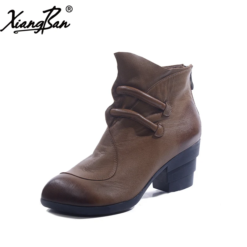 

Xiangban Thick Heel Women Ankle Boots Pointed Women's Shoes Handmade Genuine Leather 2019 Autumn Winter Black Coffee