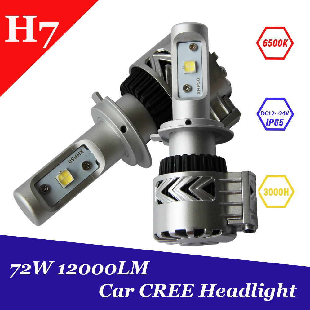 

1 Set H7 Led Headlight 72W 12000lm C REE Chip Auto Car Light Fog Bulb Kit 6500K Xemon White Bulb With Cooler