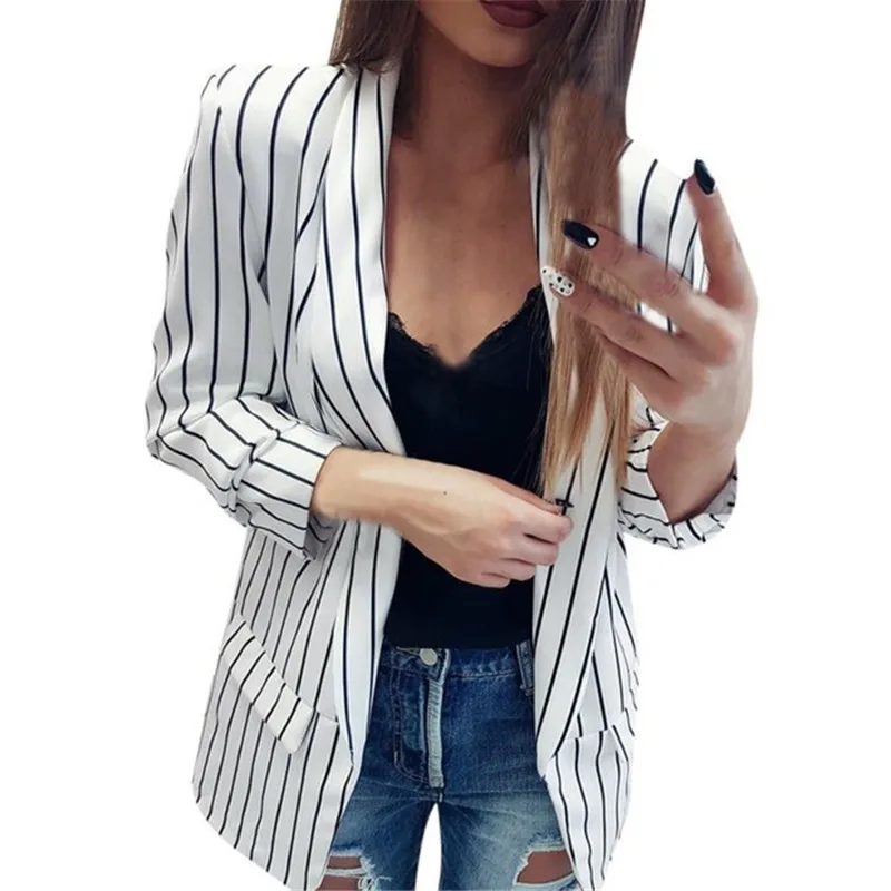 

2019 Fashion New Women Casual Black and White Striped Blazer Coat Top Lapel Cardigan Long Sleeve Outwear Jacket Jaqueta Feminina