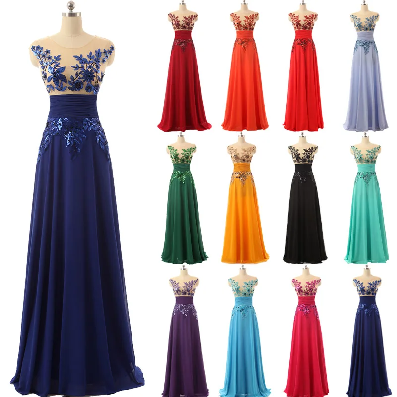 Elegant Floor Length Formal Evening Dresses Chiffon long Party Dresses with Appliques and Crystals Hot Sale SD159