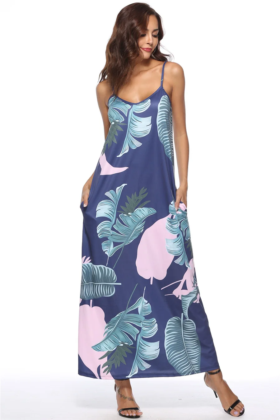Gladiolus Elegant Long Dresses Bohemian Sundress 2018 Women V-Neck Spaghetti Strap Print Floral Maxi Causal Loose Summer Dress (10)