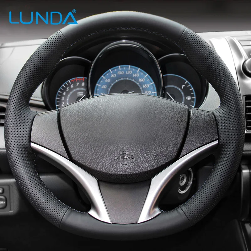 LUNDA Black Leather Hand stitched Car Steering Wheel Cover for Toyota