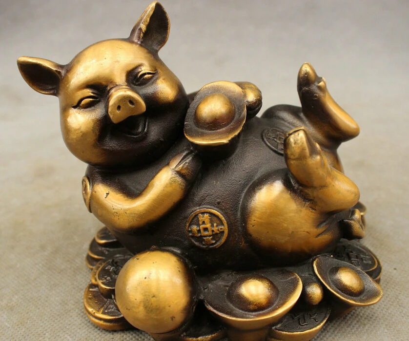 

song voge gem S3342 Chinese Bronze Copper FengShui Zodiac Coin RuYi Happy Lie Pig Statue Up YuanBao