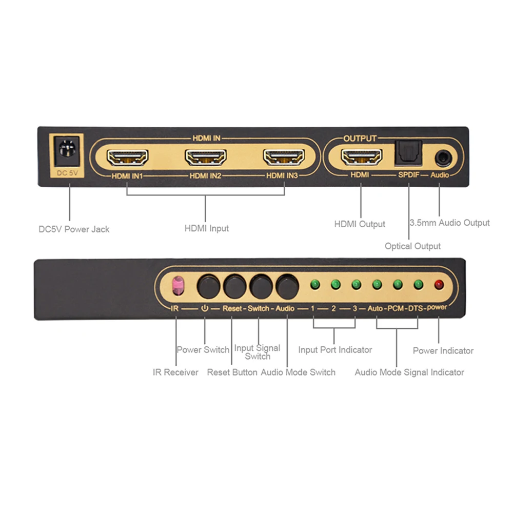 4K 3 Port HDMI Switch 3 input 1 Output Switcher HDMI 1.4 with Optical 3.5mm Audio Extractor+ Remote Control Switches