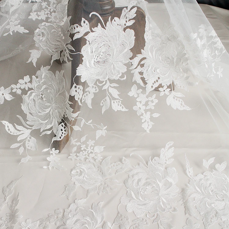 

Eyelashes Embroidery Lace Fabric DIY Wedding Dress Accessories White Rose Embroidered Fabric