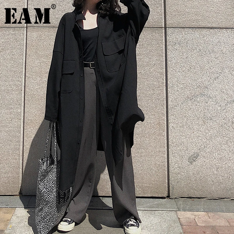 

[EAM] 2019 New Autumn Winter Lapel Long Sleeve Button Pockets Brief Temperament Long Coat Windbreaker Women Trench Fashion JX283