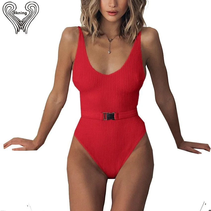 

Ribbed Push Up Buckle One Piece Swimsuit Low U Back Swimwear Womens Bathing Suit Solid Monokini Bathers 1 Piece Beachwear