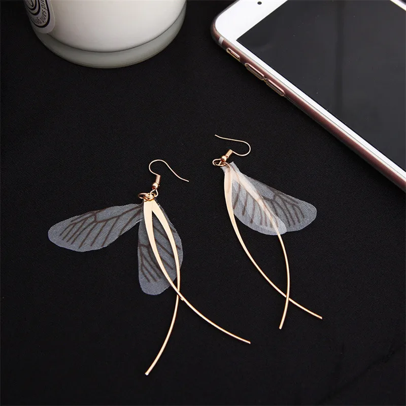 Fashion Bohemian Gold Style-Long Pink Dragonfly wings Earrings Drop Earrings for Women Earrings Accessories