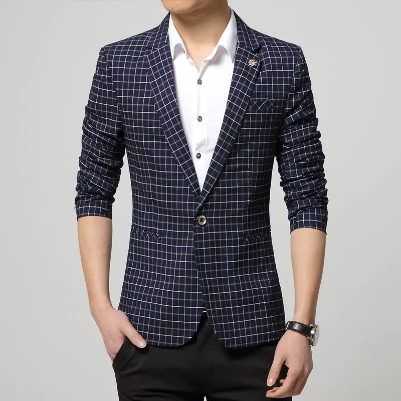2colors Male Fashion Vintage Plaid Print Blazer Men Jacket