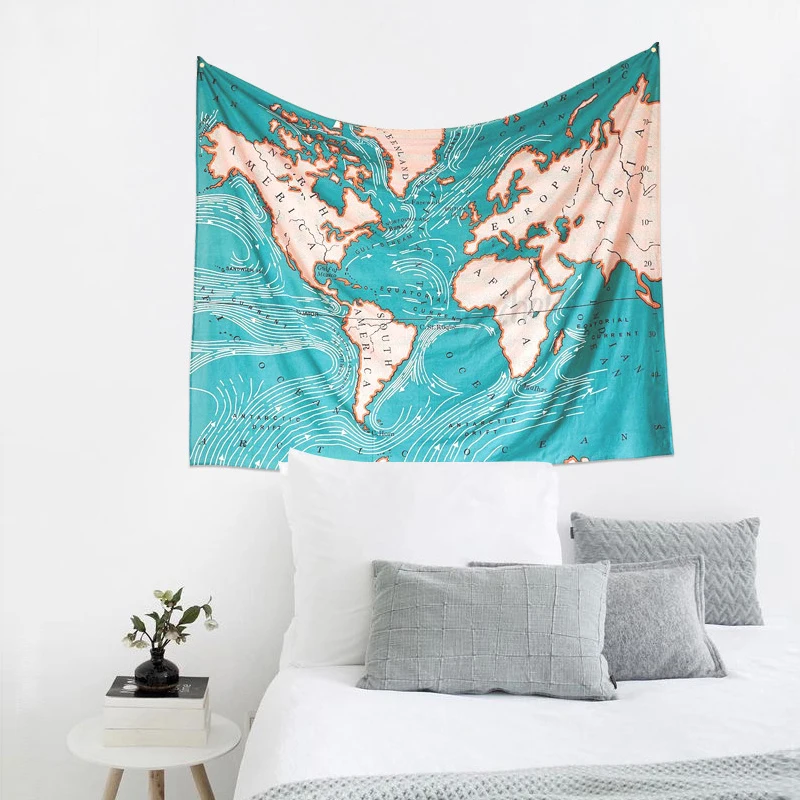 Carte Du Monde Tapisserie Tenture Murale Bleu Peinture Geographie