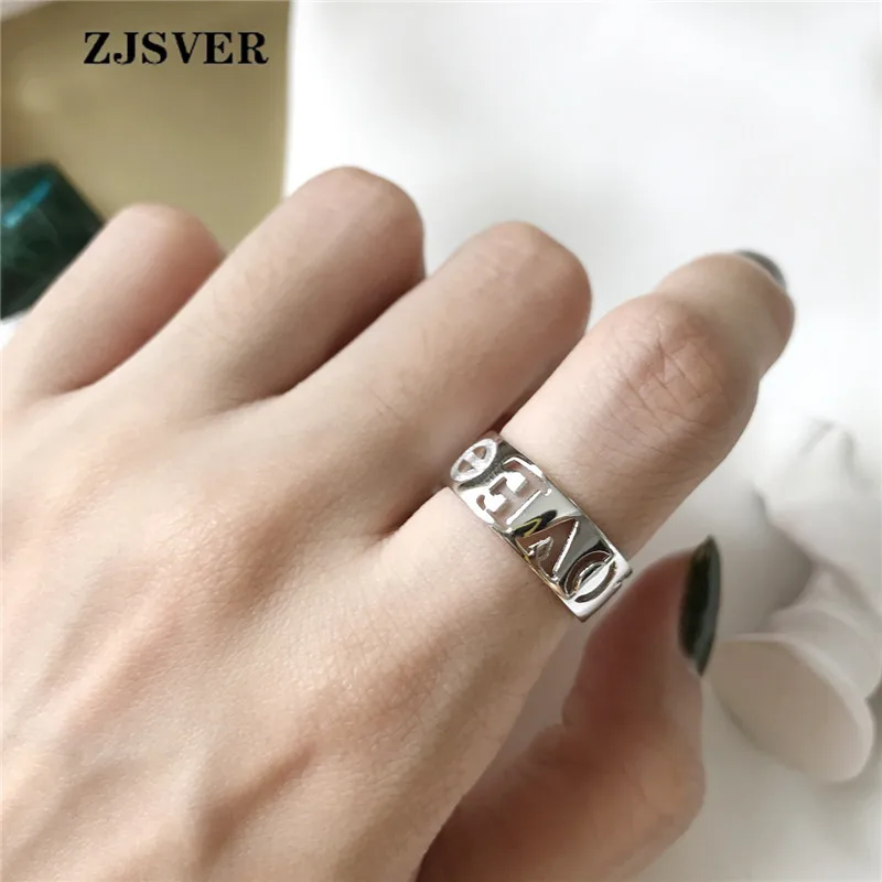 

ZJSVER Fine Korean Jewelry 925 Sterling Silver Rings Fashion Simple Silver Hollow LOVE Opening Adjustable Women Ring For Present