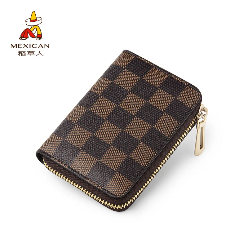 

Mexican Lattice Version Short wallet famous brand Brown plaid card package Multi-card position Embossing Female Bag Coin Purse