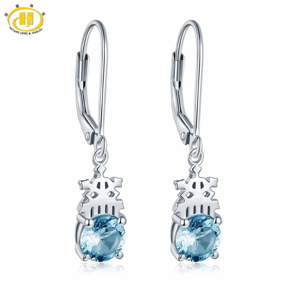 

Hutang Authentic 925 Sterling Silver Dangle Earrings Genuine Blue Topaz Gemstone Fine Jewelry Snow Flower Design Women's Girl's