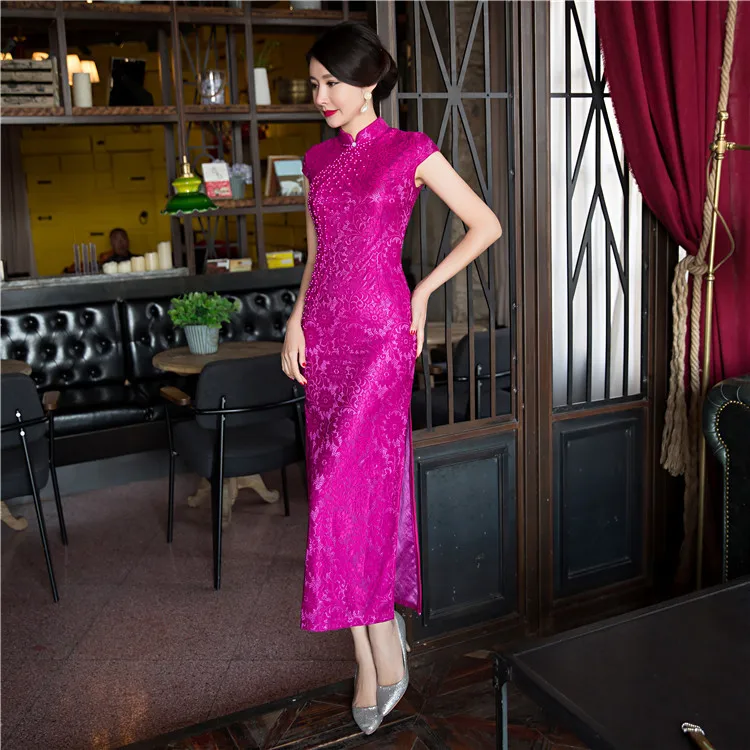 Новое поступление; модное кружевное Длинные Cheongsam ярко розовый китайский женское платье элегантный Qipao Vestidos Размеры S M L XL XXL XXXL 27591A