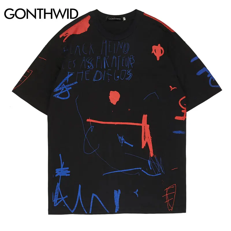 GONTHWID хип-хоп граффити чернильный Принт футболки Повседневная Уличная футболка с коротким рукавом мужские летние модные хлопковые футболки