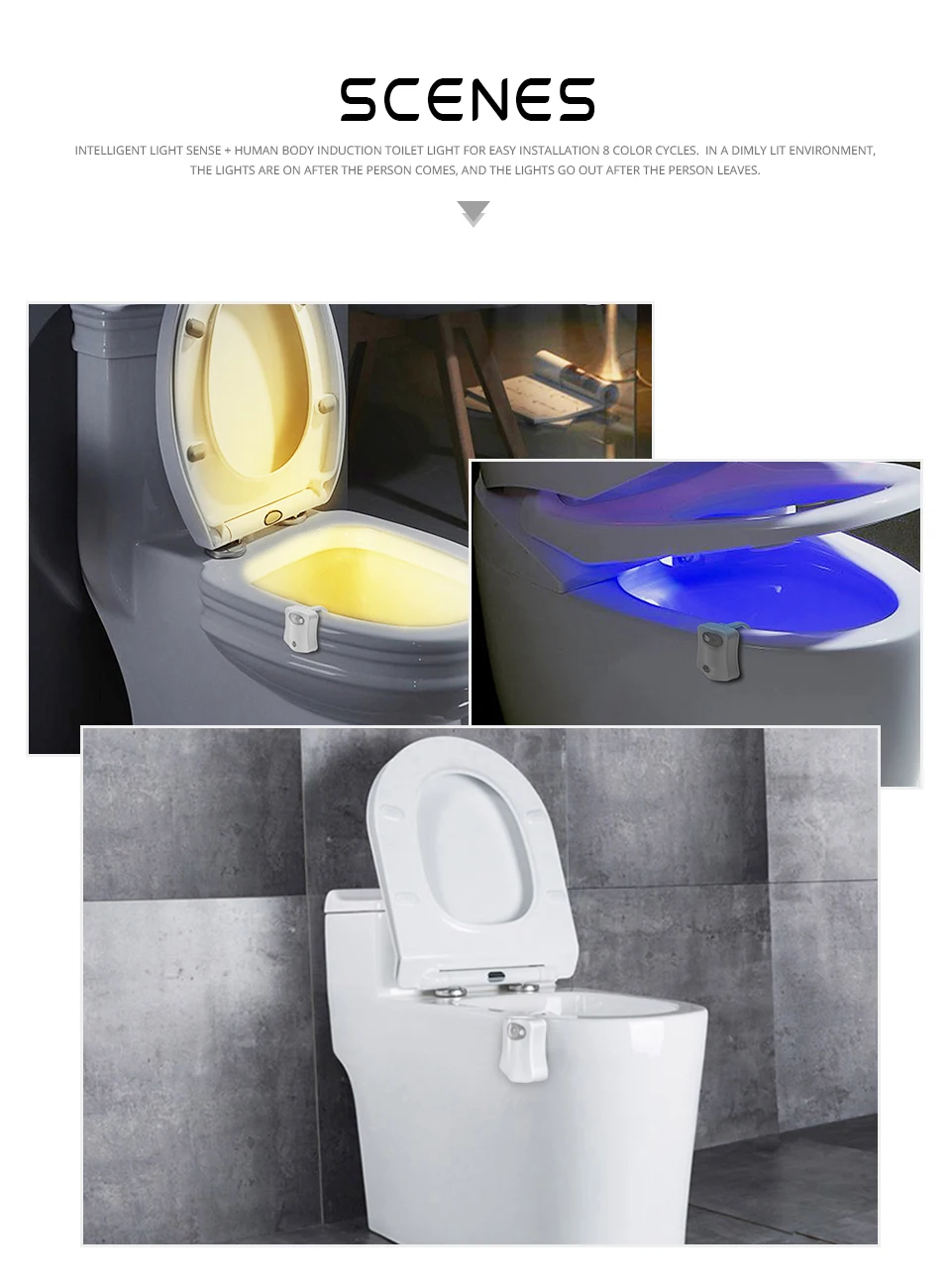 Motion Sensor Toilet Seat Lighting 8 Colors Backlight Toilet Bowl Automatic Night Lamp 3 AAA Seat Sensor Light LED Toilet Lamp (25)