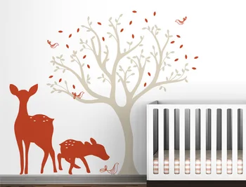 

Modern Woodland Tree With Deer and Fawn Wall Decals For Kids Baby Room Nursery Wall Decor Vinyl Wall Art Stickers Wallpaper A228