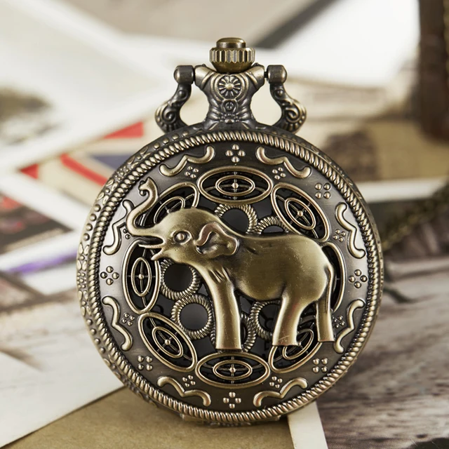 Vintage Cute Elephant Pocket Watch Fob Chain Engrave Mens Flip Necklace