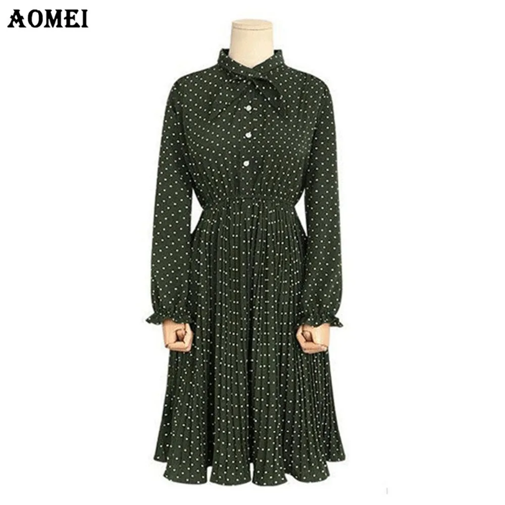 Green Color Polka Dot Casual Dress  Plus Size Long  Sleeve  