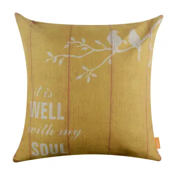 

LINKWELL 18x18" Retro Yellow Bird Burlap Cushion Cover Throw Pillowcase It is Well with My Soul Monogram Words Letter