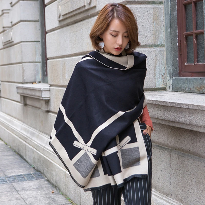Winter Scarf Women 2018 Ladies Long Bowknot Print Cashmere Scarf Thick Warm Shawl Elegant Pashmina Brand Designer Wraps