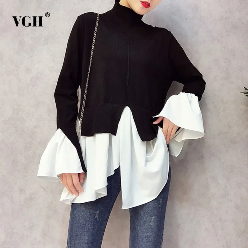 

VGH Wholesale 2019 Spring Sweater Flare Sleeve Irregular Knitting Pullover Solid Color Fake Two Pieces Women Fashion Tops