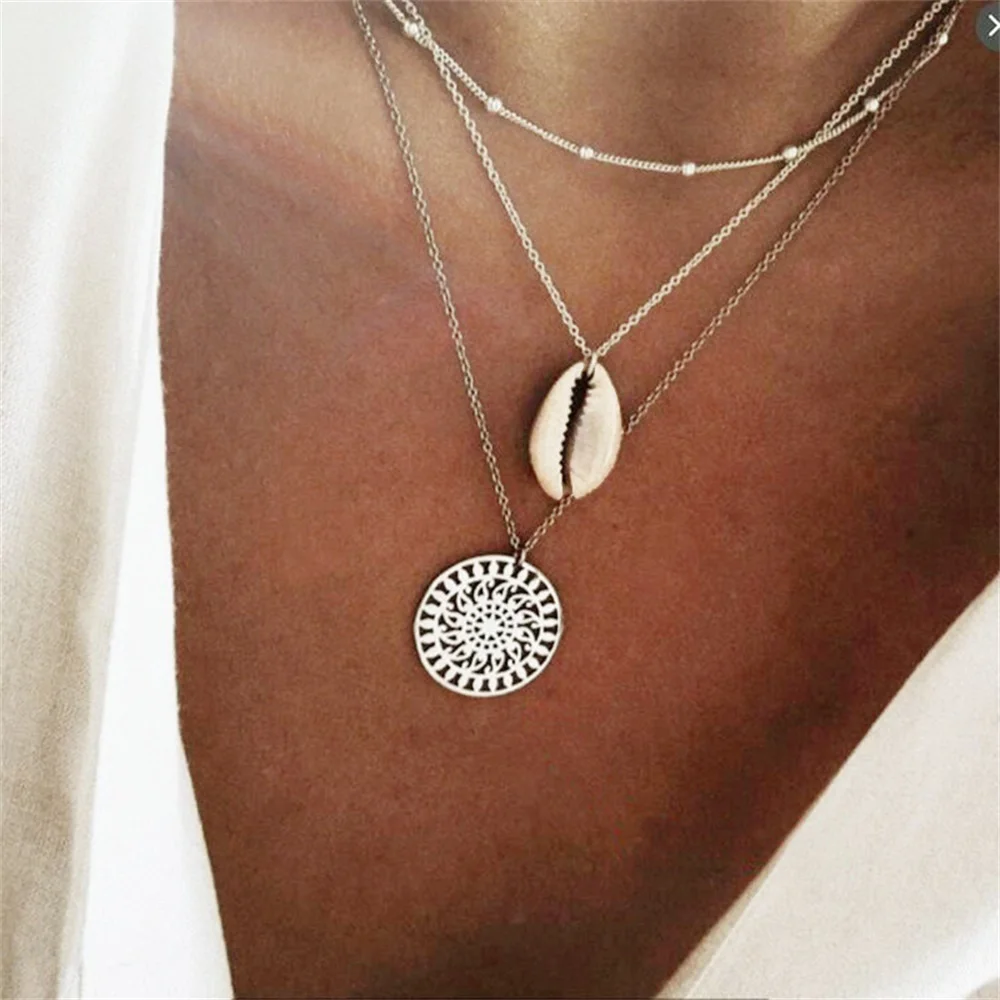 

Vienkim Bohemian Shell Round Carving Pendant Multi-layer Beaded Chain Necklace 2019 New Trendy Gold Choker Necklace Jewelry Gift