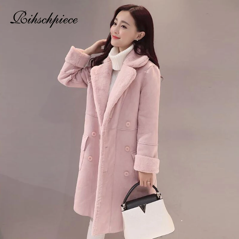 Rihschpiece Winter Suede Long Jacket Women Velvet Parka Thick Fur Coat Warm Vintage Casual Pocket Clothes Outwear RZF1520