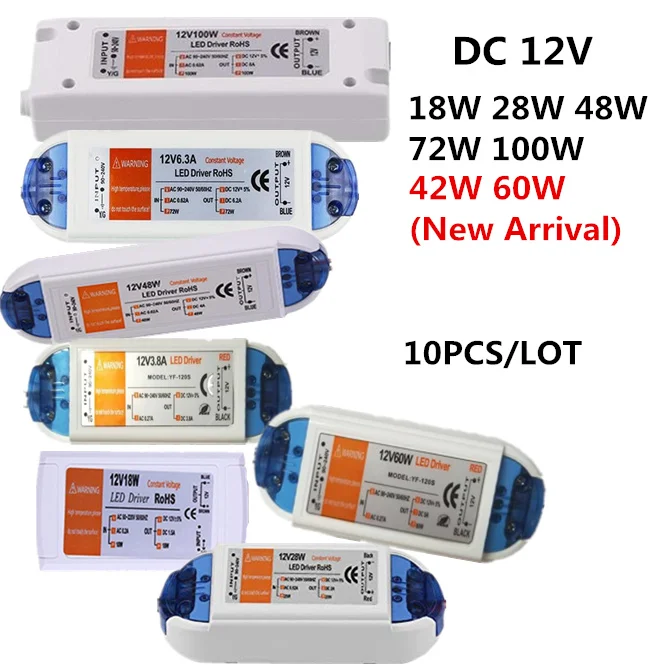 10 шт./лот AC85-265V Новый 42 Вт 60 Вт Светодиодный драйвер для светодиодной ленты питания 12 В DC 18 Вт 28 Вт 48 Вт 72 Вт 100 Вт Трансформаторы освещения