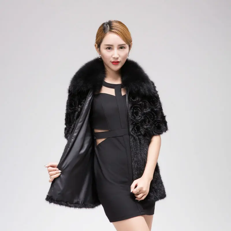 Real Mink knitting fur coat woman Winter warm knittin coat fox fur collar Fashion Slim Fit Garment Large size L-4XL with flowers