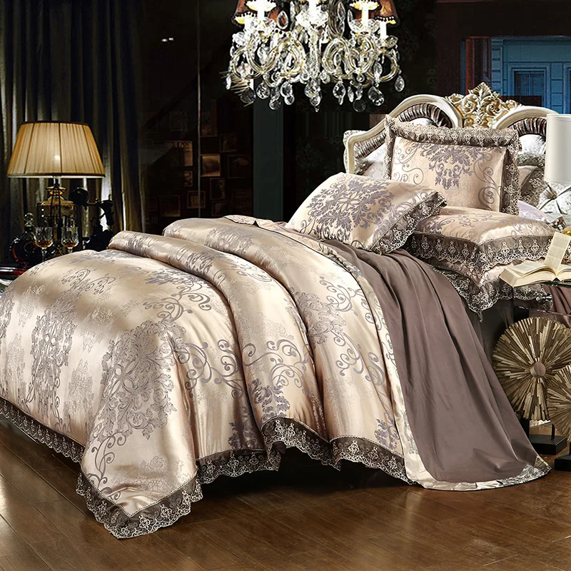 Luxury Lace Jacquard Bedding Blue Beige Silver Gold Color Satin