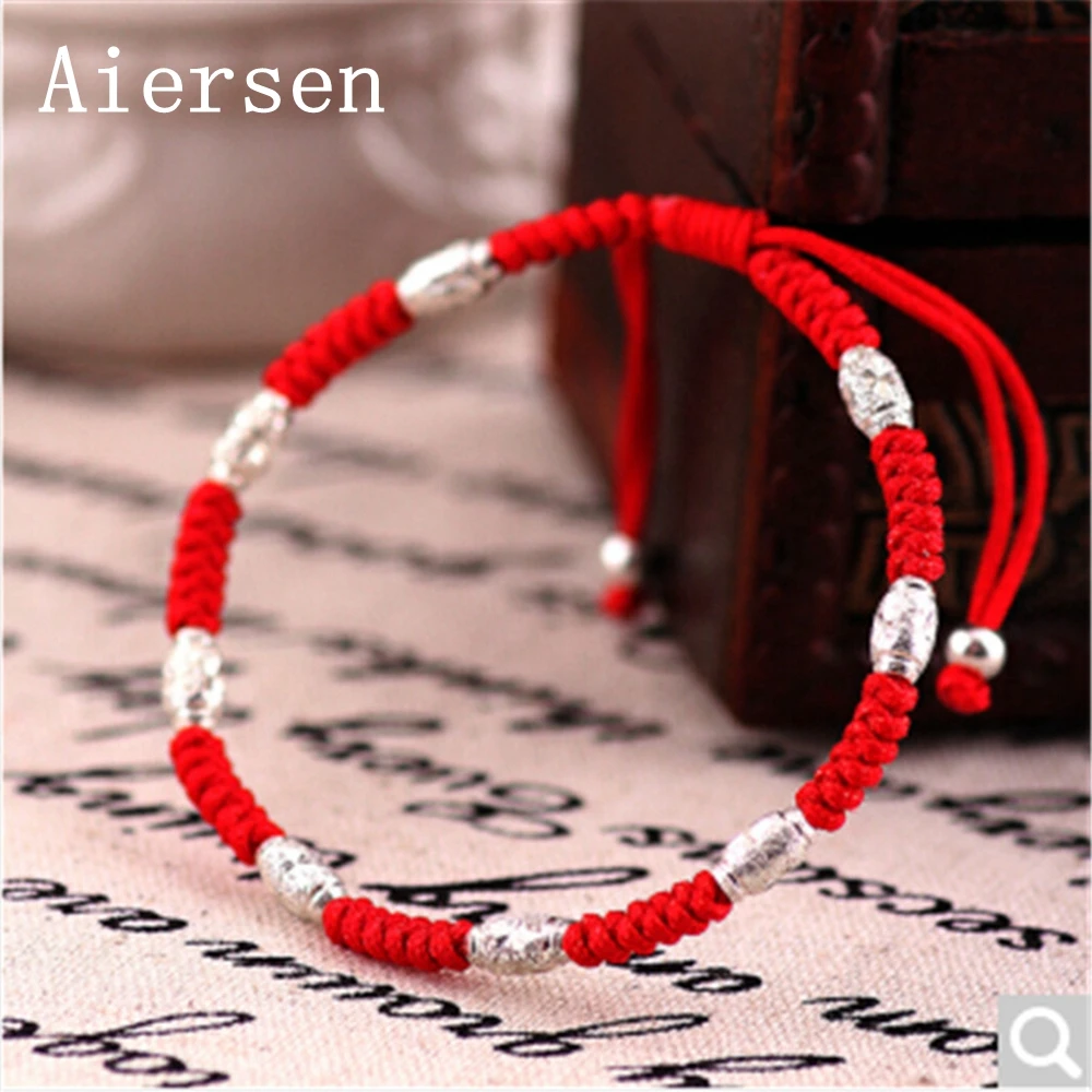 

Aiersen Real Sterling Silver Blessing Lucky Red Bracelet Wax String Amulet Handmade Fortune Bangle Jewelry