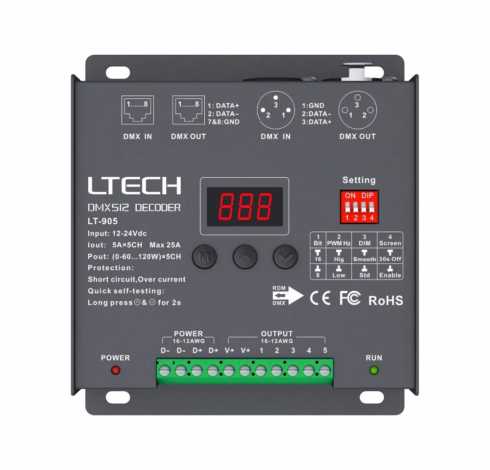 

LT-905; 5CH CV DMX Decoder;DC12-24V input;5A*5CH output; DMX512/RDM/3-pin XLR, RJ45