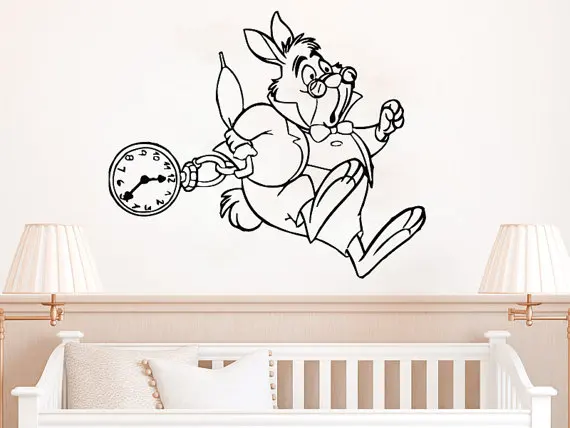 

Alice In Wonderland White Rabbit Wall Mural Vinyl Stickers Kids Room Decor Running White Rabbit With Clock Pattern Decal D-321