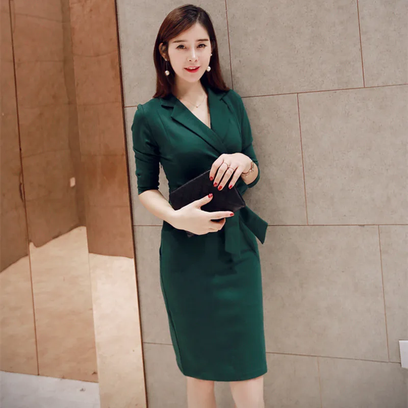 

2019 Spring Elegant OL Office Dresses Women Turn-down Collar Long Sleeve Dress Business Bandage Bodycon Midi Party Pencil Dress