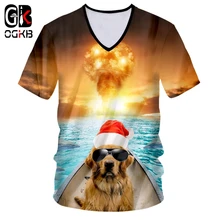 OGKB Natal Homem 3D Peixe Impresso E Óculos de Sol Cão Camiseta Explosão Personalidade Fundo Spandex V Pescoço T-shirt(China)