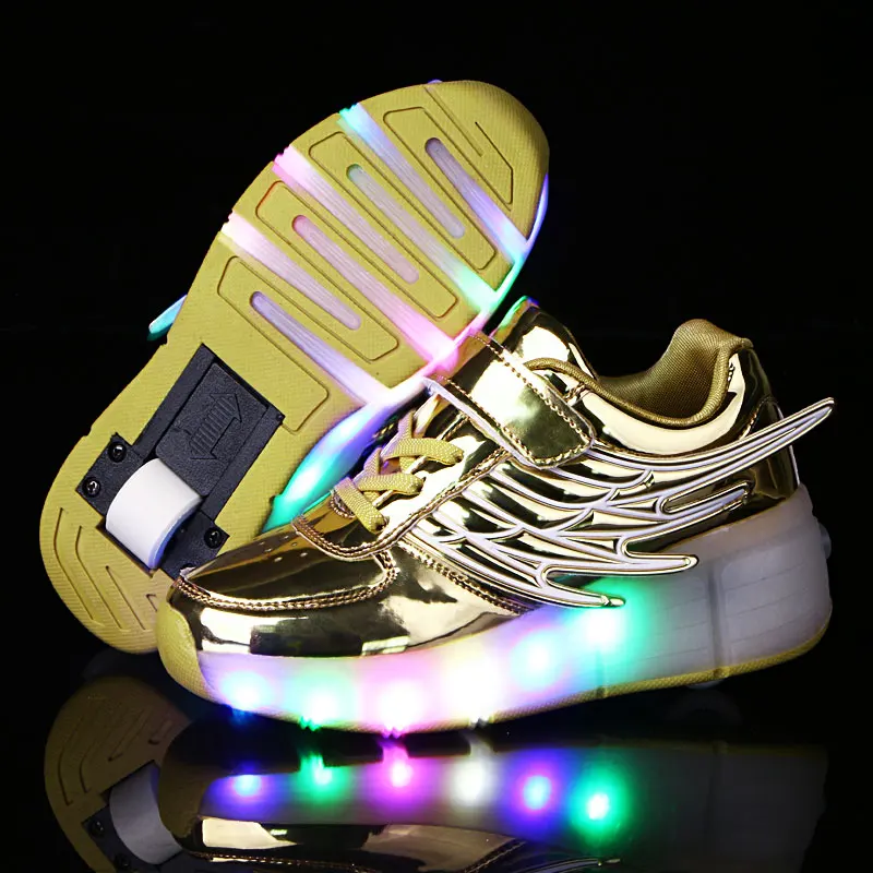 Детская спортивная обувь для мальчиков и девочек, светодиодный фонарь, мигающий Спортивный Повседневный роликовый коньки с крылом, модные детские Сникеры, евр. размер 28-41