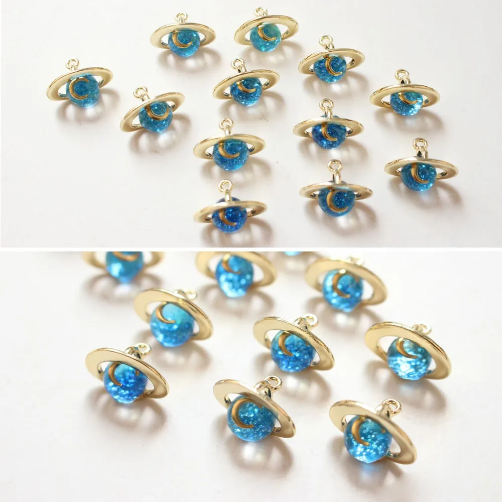 

Newest 50pcs/lot rounds blue resin beads core decoration alloy satellite shape alloy floating locket charms diy earring pendants