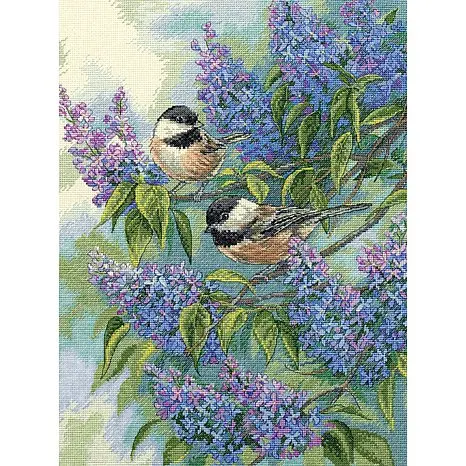 

14/16/18/27/28 Top Quality Lovely Cute Counted Cross Stitch Kit Chickadees and Lilac Purple Flower and Bird dim 35258